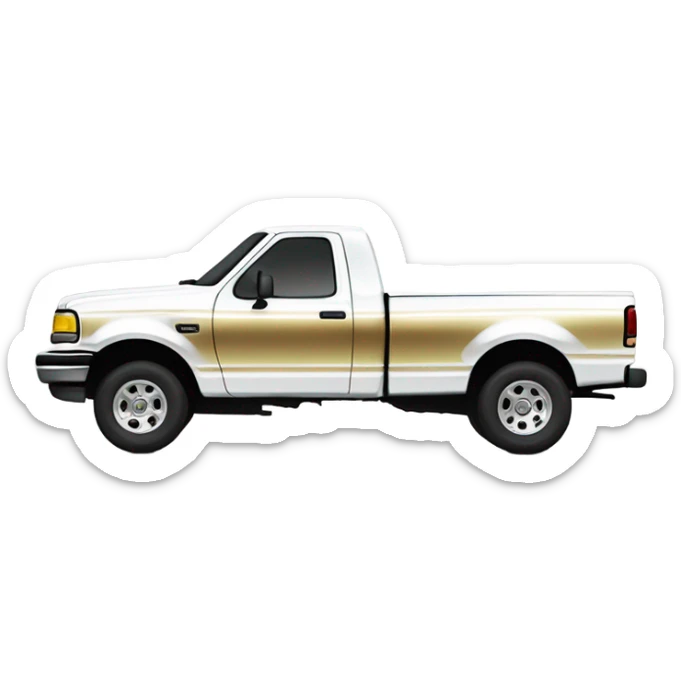 side view of a 1995 f150 short bed single cab ford f150 white with thick gold stripe at the bottom and big chrome silver rims  sticker