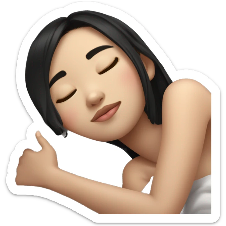 teenage cute girl asian black hair sleeping in a comfy white pillow at peace sticker