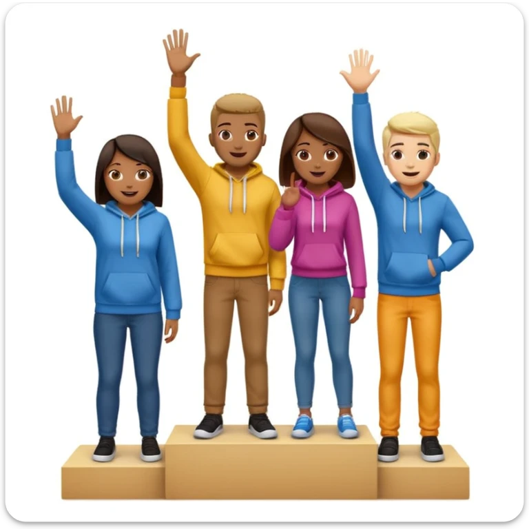 multi-racial men and women standing on a brown winners’ podium with the middle podium position elevated, no numbers, casually dressed in fun colorful jeans, t-shirts, and hoodies, one person giving a high five, excited fun expressive emoji style sticker