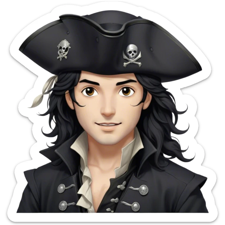 A charismatic pirate with wavy black hair tousled by the breeze. His silver-embroidered tricorn hat casts a shadow. He turns his head slightly, dark eyes glinting with mischief as he looks to the side, a knowing smile on his lips. His black coat, adorned with silver buttons, shifts with the wind sticker