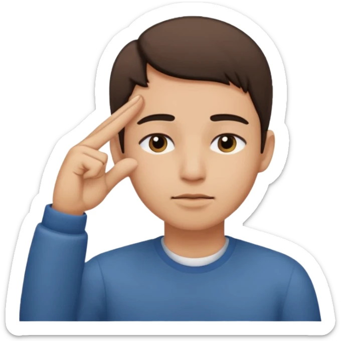 Una persona tocándose la cabeza por la 100 con un dedo índice y los ojos serrados  por arriba de la oreja con una sola mano sticker