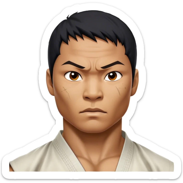​Cinematic Realistic Portrait of Tony Jaa, a close-up depiction capturing his intense, determined expression and finely detailed features, rendered with dramatic natural lighting that emphasizes his rugged athleticism and unmistakable martial arts presence, sticker