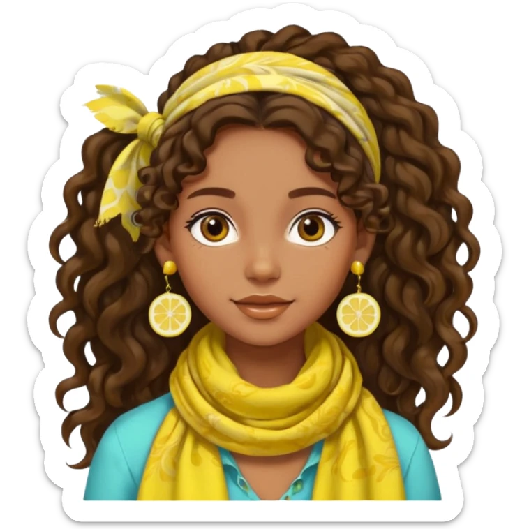 bohemian girl, brown skin, long curly brown hair in a ponytail, lemon yellow scarf, round earrings, free-spirited sticker