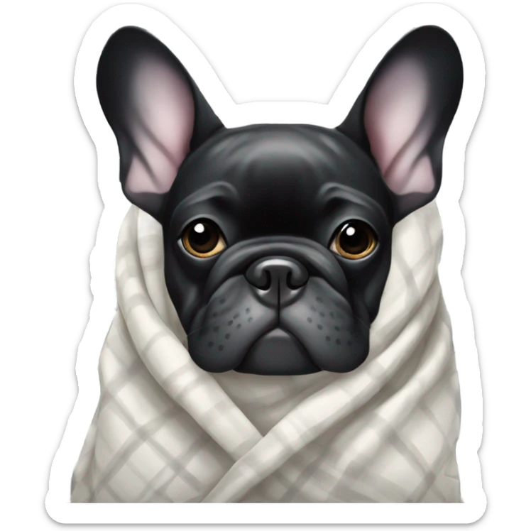 A black and white French bulldog wrapped in a plaid and surrounded by delicate pink hearts sticker
