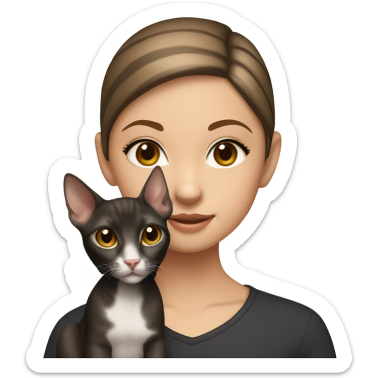 Girl with straight brown hair with cold blond highlights, hazel eyes, eyeliner, holding black oriental shorthair cat sticker