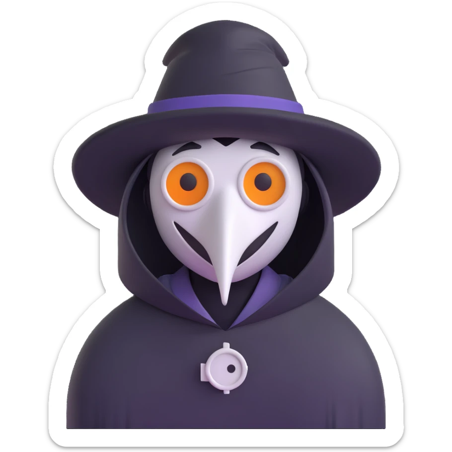 SCP-049 as a cursed emoji, unsettling, plague doctor mask, dark aura, creepy expression, horror vibe sticker