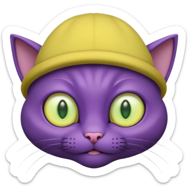 dark purple alien cat with no fur and yellow hat and big green eyes sticker