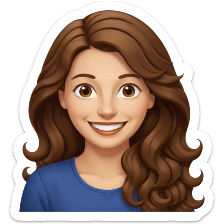 40 yr croatian woman, long wavy brown hair, big smile, side part, 
 sticker