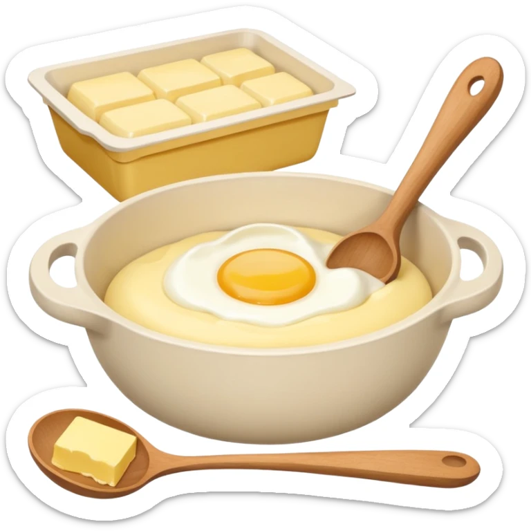 A cream ceramic baking bowl with a wooden spoon in it, a carton of eggs and butter sticker