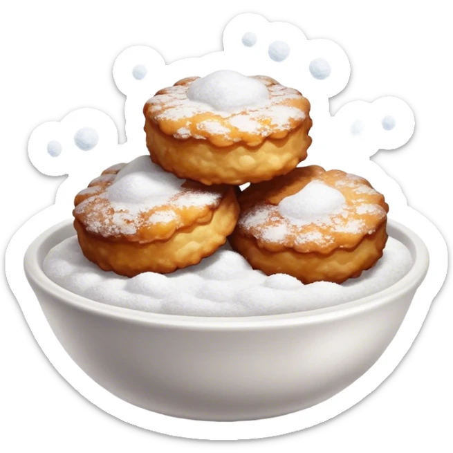 Buñuelo Cinematic Realistic Buñuelo Dessert Emoji, depicted as perfectly round, fluffy fritters served in a small bowl with a dusting of powdered sugar, rendered with vibrant textures and warm, inviting lighting. sticker