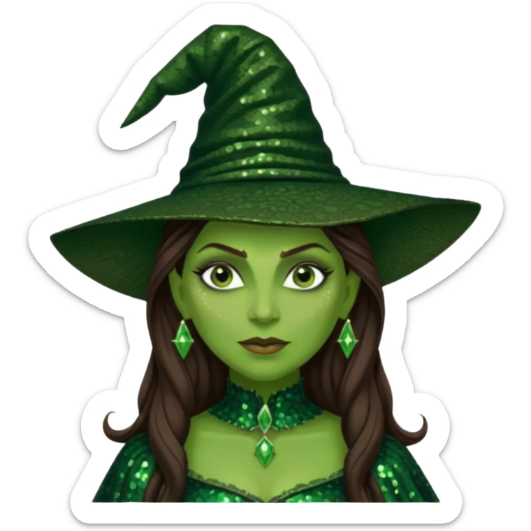 Elphaba, Wicked Witch of the West from The Wizard of Oz with long brown hair, dark green sequin outfit, green skin sticker