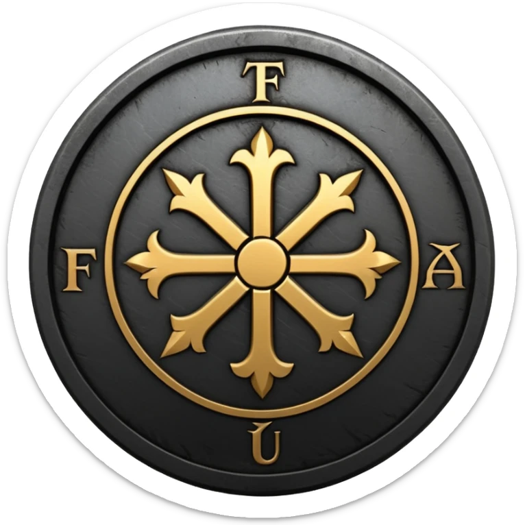 Minimal emoji, gothic metal coin made of black steel, engraved word FORTUNA at the center, ancient industrial aesthetic, worn metal texture, no glow, no neon, flat emoji design, centered, transparent background sticker