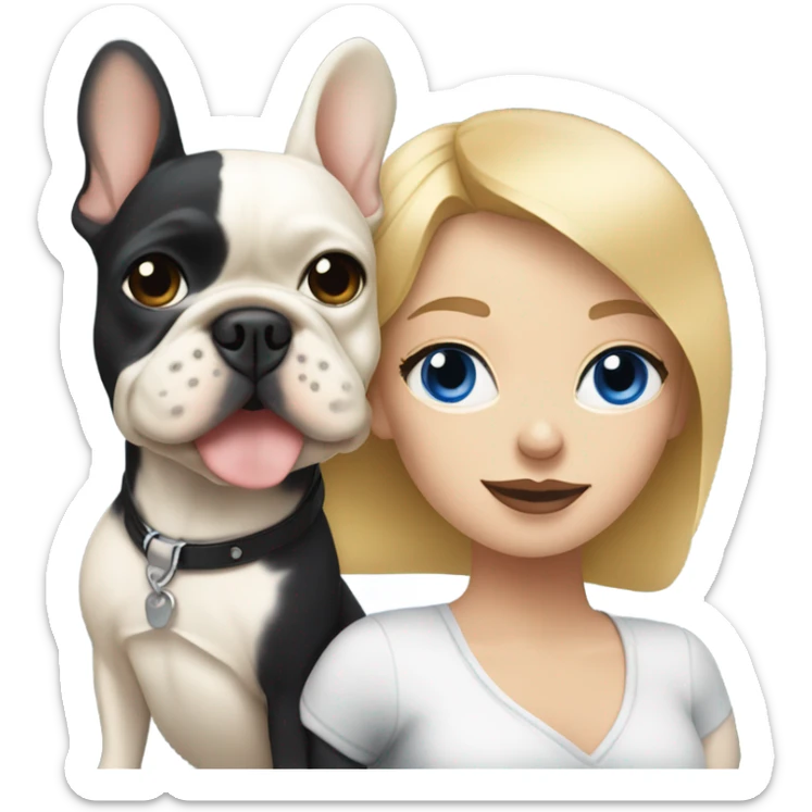 Honey blonde woman with blue eyes hugging a black and white french bulldog sticker