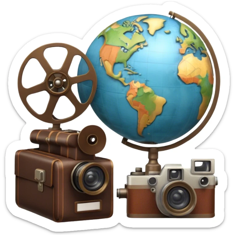 Icon for Documentary Film: A vintage movie poster-style design featuring a film reel, camera, and a globe, symbolizing exploration and learning. Include elements like books, a notebook, and historical or natural icons to represent informative storytelling. Transparent background. sticker
