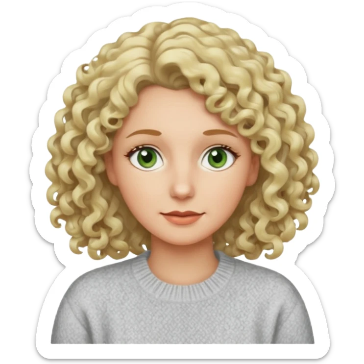 a woman in her late 40s and has greyish greenish eyes and blonde curly hair sticker