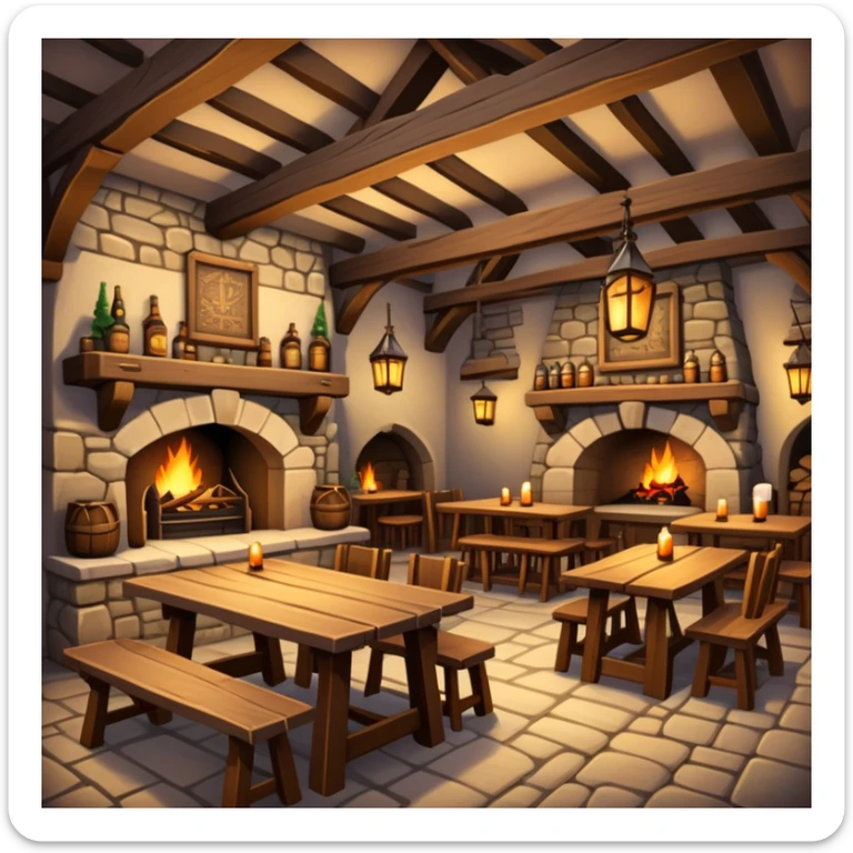 cozy medieval fantasy tavern with wooden beams, fireplace, and tables where adventurers gather sticker