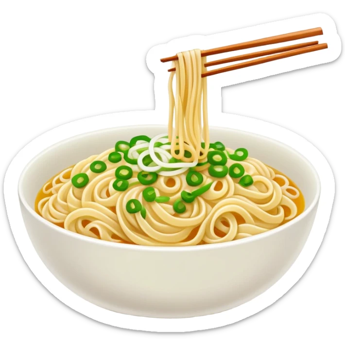 Shanghai Scallion Oil Noodles with green onion topping, simplified emoji style with bold outlines and bright colors, cartoon style simple Cong You Ban Mian sticker