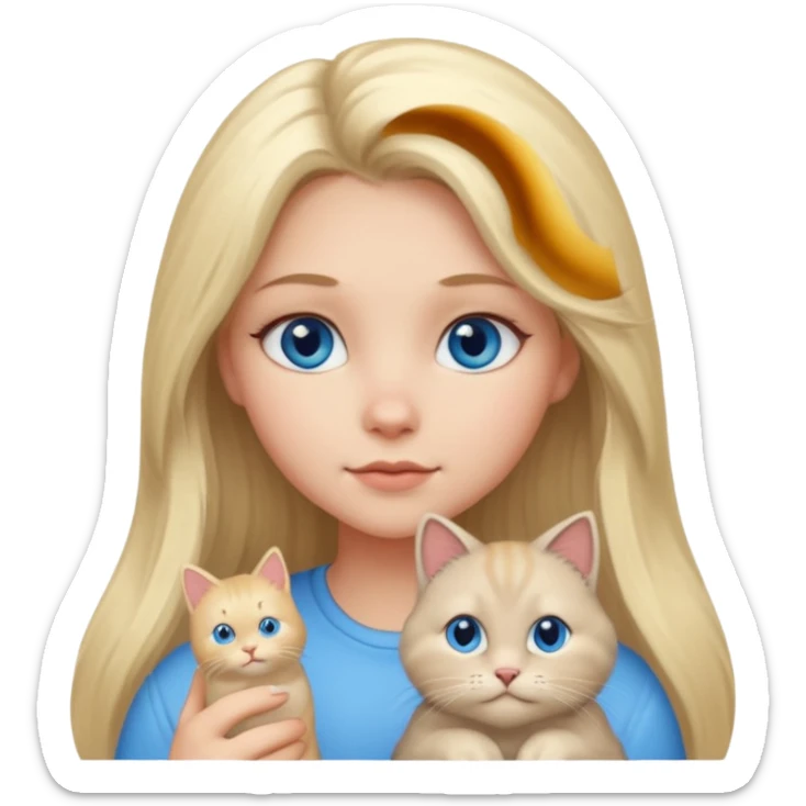 blonde girl with long blonde hair and blue eyes with chubby gray cat sticker