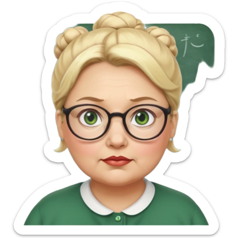 older teacher a little overweight with blonde bun green eyes and glasses full lips sticker