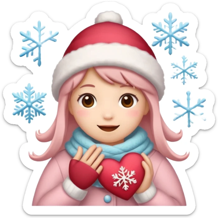 A kawaii Christmas emoji sticker, cozy winter vibes, soft colors, snowflakes, heart symbols, warm smile, cute and gentle style, festive and romantic.
 sticker