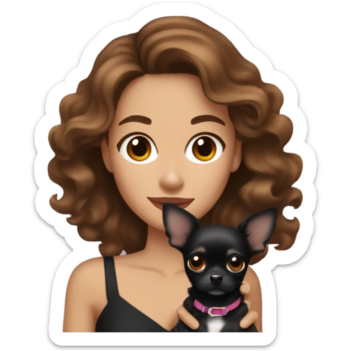 Pretty woman with brown wavy hair holding a black chihuahua  sticker