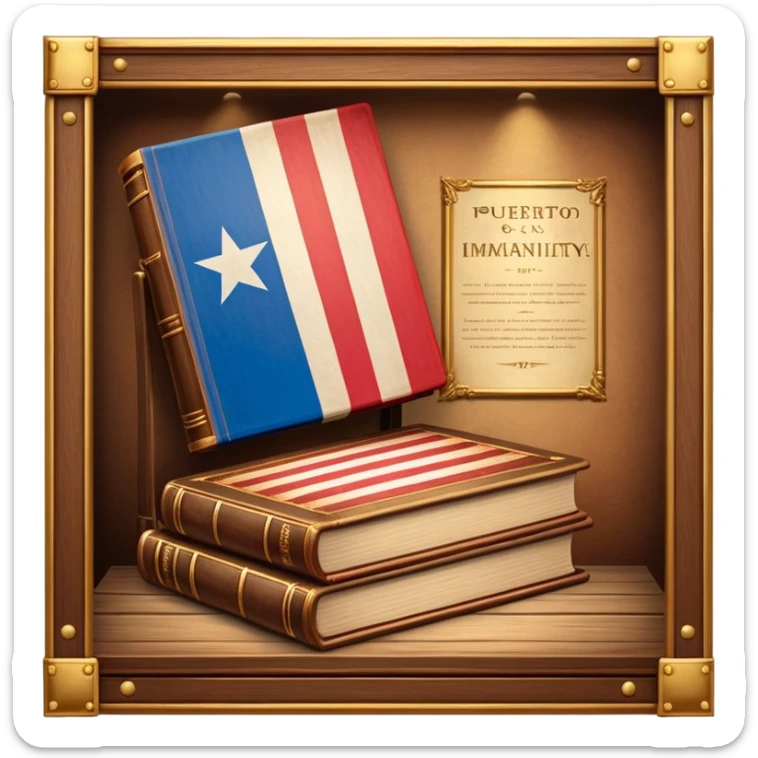 Historic book with theatre stage opening on cover, Puerto Rican flag visible on stage backdrop, wooden frame elements, glowing with warm light suggesting immortality of cultural heritage sticker