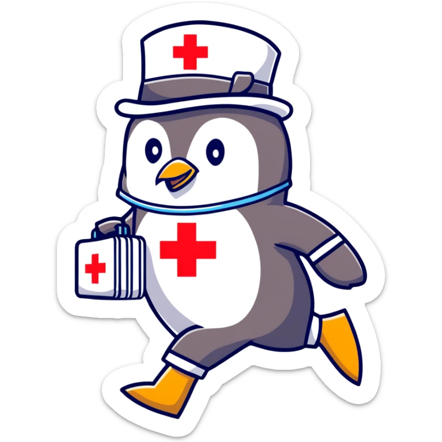 side view of a doctor penguin running with a top hat holding a first aid medical box with a red cross sticker