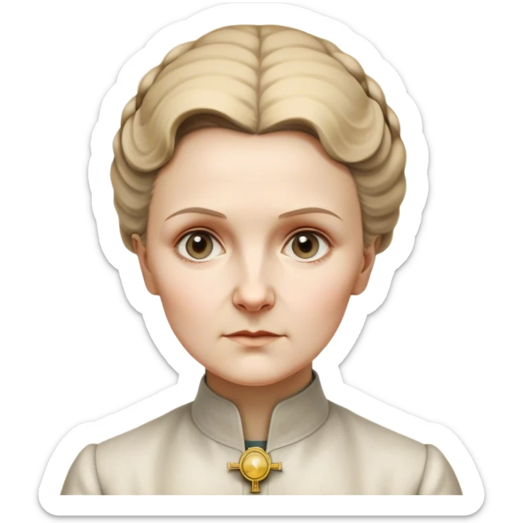 Cinematic Realistic Marie Curie Portrait Emoji, depicted as a pioneering scientist with a determined gaze in period attire, rendered with detailed textures and soft intellectual lighting that captures her groundbreaking legacy. sticker