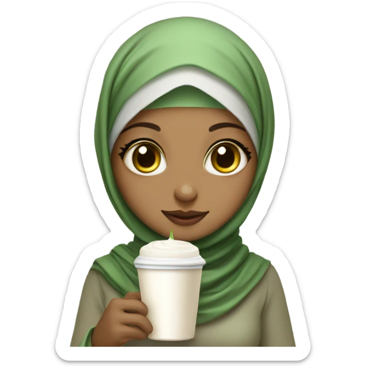 cute hijabi girl with big eyes and with matcha latte in her hands sticker