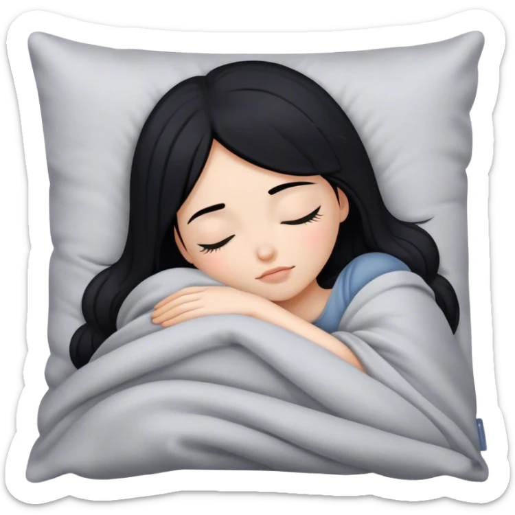 a girl with black hair sleeping on a gray pillow under a blanket  sticker