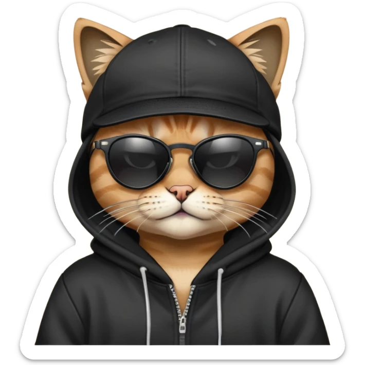 cat wearing a black snapback cap and black hoodie, with black sunglasses positioned low on his nose, looking directly at the viewer over the top of his sunglasses with a cool expression, doing graffiti with spray paint sticker