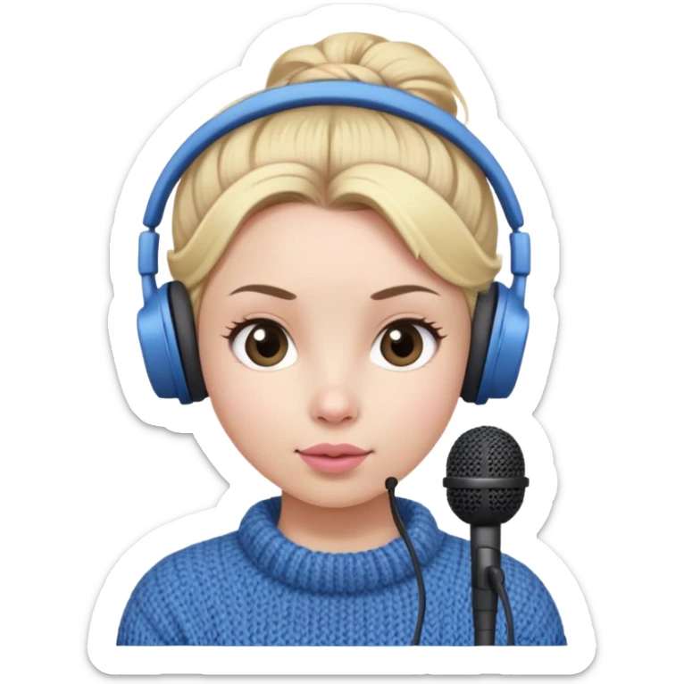 a cute face girl have bright white skin
and small and natural lips (kinda
pinkesh) with blue knitwear with a
blonde one hair bun and she is a
podcaster in her school. with recording
microphone in front of her not held and
a headphone in her head sticker
