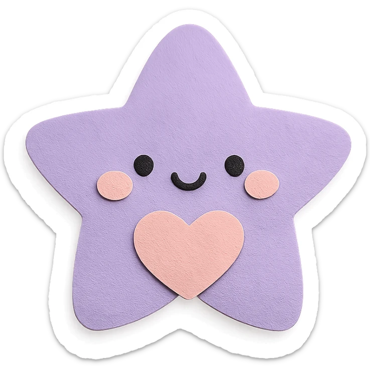 kawaii purple star holding tiny pastel heart, soft pastel palette, no arms or legs, full body, paper craft style sticker