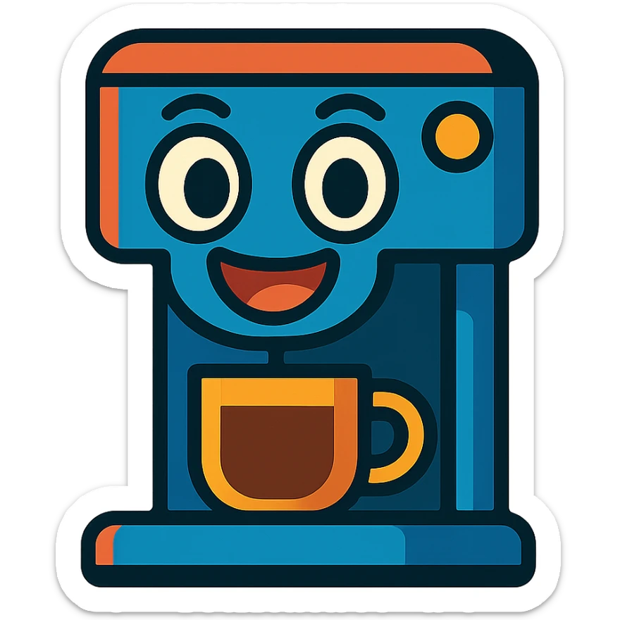 a coffee machine with big eyes and a smiling mouth, personified, showing happiness sticker