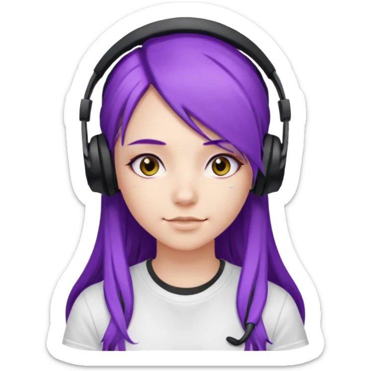 Gamer Girl with black Headset + long Purple Hair, white T-shirt sticker