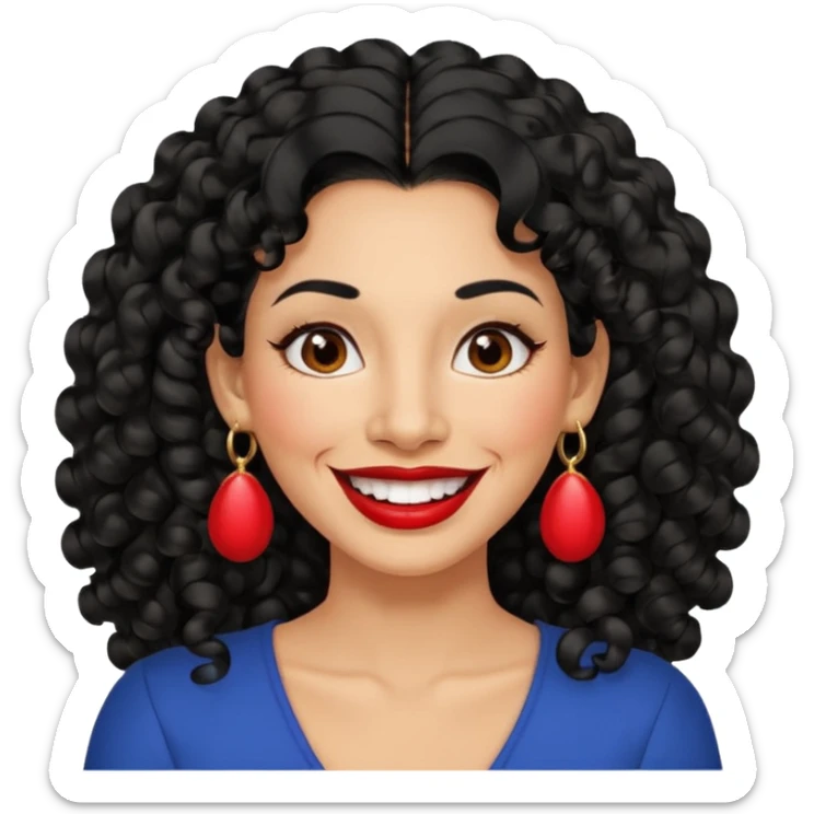 40 yr old peruvian woman, very curly long black hair, red lipstick, big smile, white teeth, brown eyes, hoop earings, hair parted at side sticker