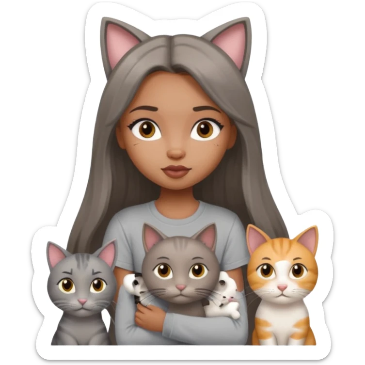 a pretty bratz dusky girl with long straight hair with four cats nd wearing a grey tshirt sticker