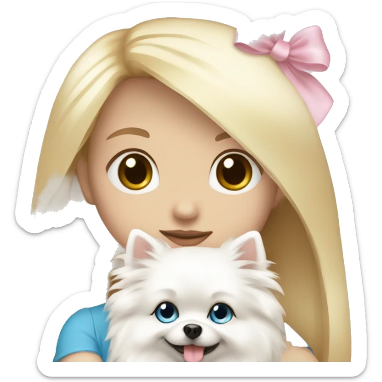 Blond girl white skin blue eyes hugging white Pomeranian with light pink bow sticker