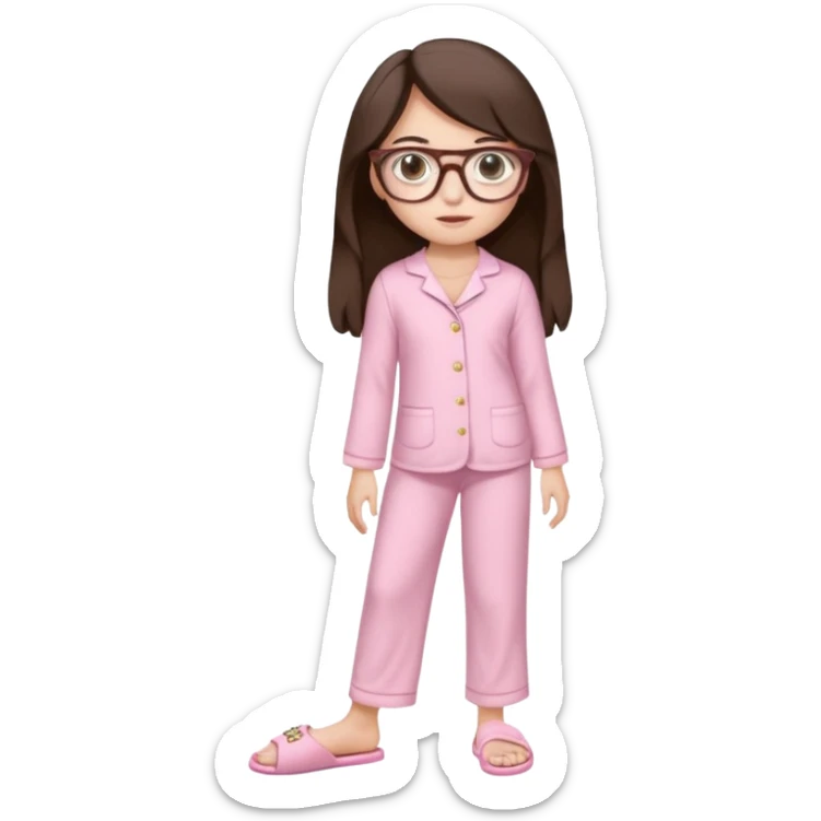 Girl age 20 years old with dark brown long hair, light skin, brown eyes, wearing a miu miu glasses the brown ones, and wearing a top in white with a pair of pyjama pants in pink and it's mocked in light pink too and a slipper in white and she looks pretty  sticker