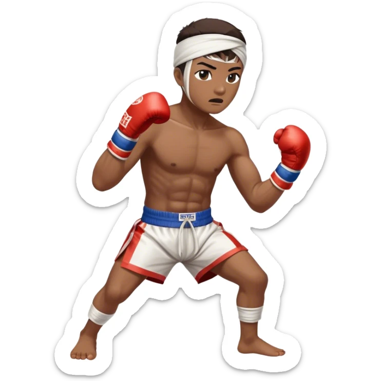 ​Cinematic Realistic Traditional Muay Thai Fighter, depicted in authentic attire featuring white bandaged gloves wrapped around his fists, a traditional headband tied neatly, and classic Muay Thai shorts, captured in a dynamic fighting stance under dramatic, high-energy lighting that highlights the raw power and elegance of the art, sticker
