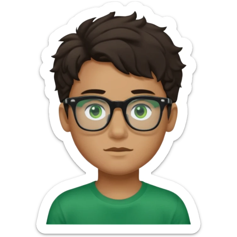 Garçon brun avec des cheveux ondulés courts, peu un peu claire, des yeux verts foncés, un t shirt noir et des lunettes rectangulaires transparentes sticker