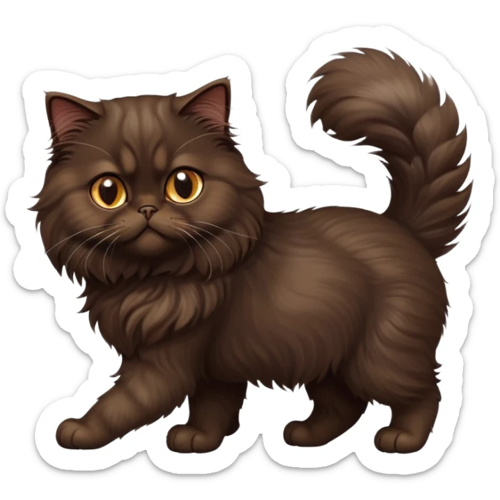cinematic-[dark brown persian cat]-realistic-full-body-sitting-emoji,-tail-curled-playfully-around-its-paws,-head-tilted-dramatically,-fluffy-[dark brown]-fur,-simplified-yet-realistic-focused-features,-highly-detailed,-glowing-with-an-almost-sarcastic-glow sticker