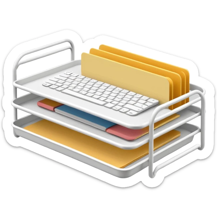 A minimal, clean emoji-style illustration of a white metal desk paper organizer tray, shown in slight isometric view so its structure is readable at a small scale. The organizer is rectangular with rounded corners, made of thin white metal wires, forming two to three stacked horizontal slots. sticker