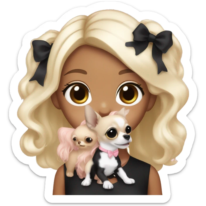 black blonde girl with long platinum black wavy hair with bright brown eyes and wearing a light pink hair bow holding a black and white long haired chihuahua puppy also wearing a hair bow sticker