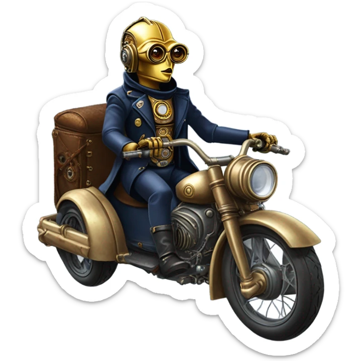 C-3PO wearing a pair of navy-blue rimmed steampunk goggles, hat, leather chaps, fringe jacket riding a fast 3 wheeler trike steampunk motorcycle on ice  sticker