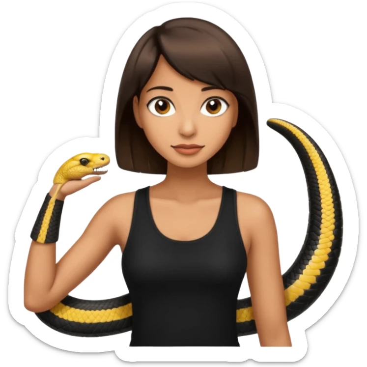 Femme brune yeux marron avec une coupe carré noir qui descend sur l'épaule , femme couleur de peau typé, avec un cobra a côté , débardeur noir sticker