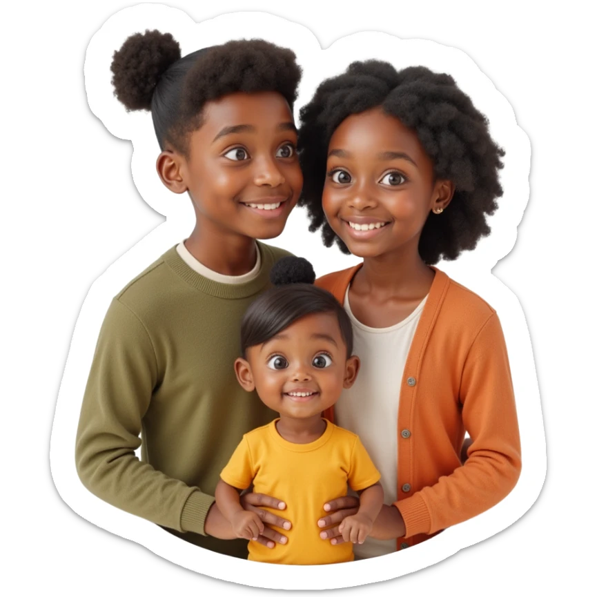family photo showing a diverse family with two adults and a child smiling together, realistic skin, hair, and clothing textures, skeuomorphism style sticker
