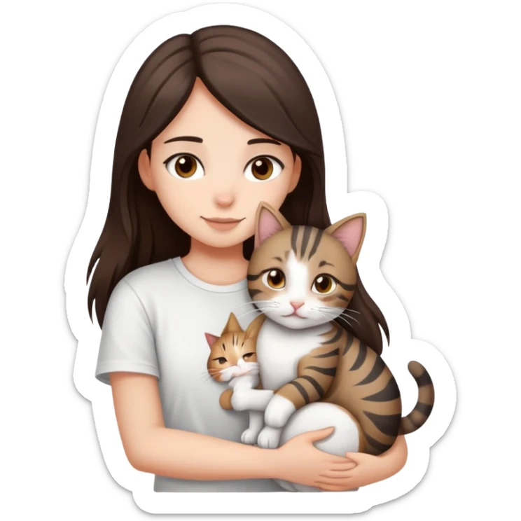 a girl with long dark brown hair, in a
white T-shirt and brown eyes, hugs a tabby
dark grey and white strips one cat sticker