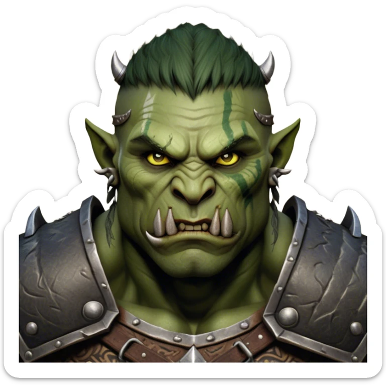 Cinematic Realistic WoW Orc Warrior Portrait, depicted with battle-scarred, rugged green skin and a powerful, muscular build that radiates primal strength. Clad in intricately detailed tribal armor accented with dark leather and iron embellishments in deep, earthy tones, his fierce eyes and determined expression exude honorable might. Rendered with lifelike texture and dramatic natural lighting, high shine, noble and formidable, capturing the essence of a legendary orc champion. sticker