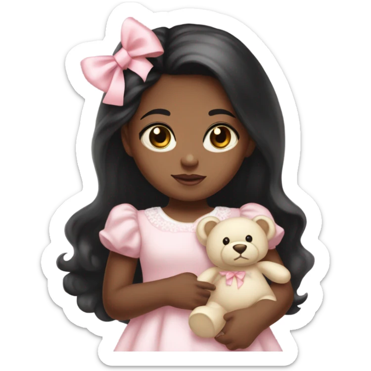 Little  babygirl with brown skin,. Long black hair, with light pink bows.  She is wearing a light pink and White dress, holding a teddybear with a pink bow. sticker